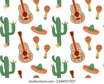 Seamless pattern of Mexican holiday attributes for maracas festive card. Traditional Latin musical instruments.