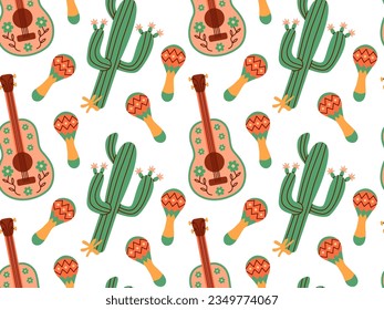 Nahtlose Muster der mexikanischen Urlaubsattribute für Maracas festliche Karte. Traditionelle lateinische Musikinstrumente.
