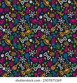 Seamless pattern for mexican holiday Day of the Dead, can be used for music festival, vector illustration