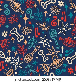 Seamless pattern for mexican holiday Day of the Dead, can be used for music festival, vector illustration