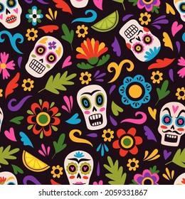 Seamless pattern mexican holiday. Traditional sugar skulls on floral background, decorative skeletons and flowers, calavera festival, day of dead. Decor textile, wrapping paper, vector print