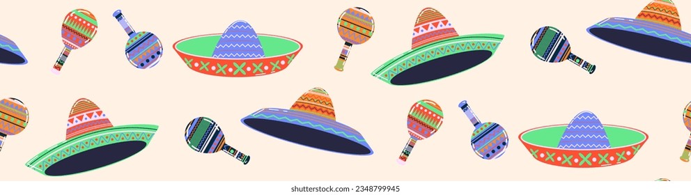 Seamless pattern Mexican maracas. Musical instrument maracas. Sombrero, cartoon style maracas, skull, guitar, cactus. Mexican holiday attribute, traditional latin musical instrument.