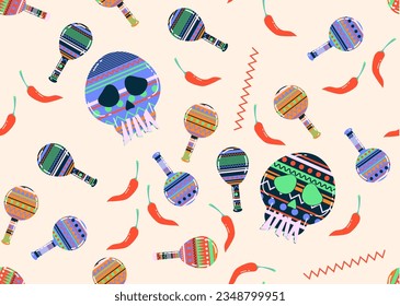 Seamless pattern Mexican maracas. Musical instrument maracas. Sombrero, cartoon style maracas, skull, guitar, cactus. Mexican holiday attribute, traditional latin musical instrument.