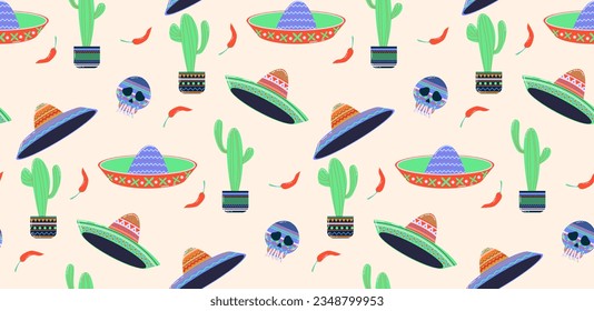 Seamless pattern Mexican maracas. Musical instrument maracas. Sombrero, cartoon style maracas, skull, guitar, cactus. Mexican holiday attribute, traditional latin musical instrument.