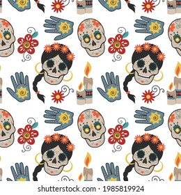Seamless pattern with Mexican national attributes. A picture of skulls, a postcard for the day of the dead. Background image or print on textiles. EPS10