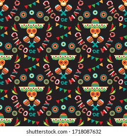 Seamless pattern with mexican national characters: skull, sombrero and maracas. Cinco De Mayo symbols. Vector illustration. Design elements for fabric, banner, wallpaper, wrapping paper.