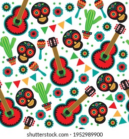 Seamless pattern with mexican national characters: skull, sombrero, cactus and maracas. Cinco De Mayo symbols. Vector illustration. Design elements for fabric, banner, wallpaper, wrapping paper.