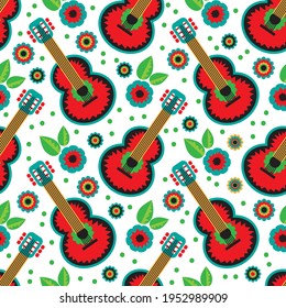 Seamless pattern with mexican national characters: guitar and flowers. Cinco De Mayo symbols. Vector illustration. Design elements for fabric, banner, wallpaper, wrapping paper.