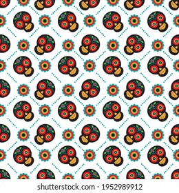 Seamless pattern with mexican national characters: skul and flowers. Cinco De Mayo symbols. Vector illustration. Design elements for fabric, banner, wallpaper, wrapping paper.