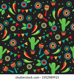 Seamless pattern with mexican national characters: cactus, chilli pepper, maracas. Cinco De Mayo symbols. Vector illustration. Design elements for fabric, banner, wallpaper, wrapping paper.