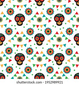 Seamless pattern with mexican national characters: skull  and flowers. Cinco De Mayo symbols. Vector illustration. Design elements for fabric, banner, wallpaper, wrapping paper.