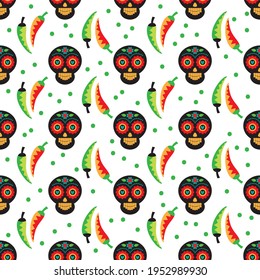 Seamless pattern with mexican national characters: skul and chilli pepper. Cinco De Mayo symbols. Vector illustration. Design elements for fabric, banner, wallpaper, wrapping paper.