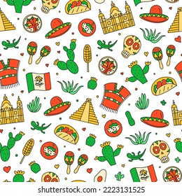 Seamless pattern with Mexican national landmarks, food and attractions in doodle style.