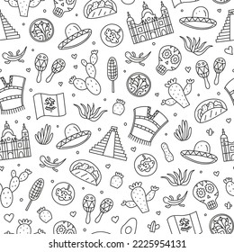 Seamless pattern with Mexican national landmarks, food and attractions in doodle style.