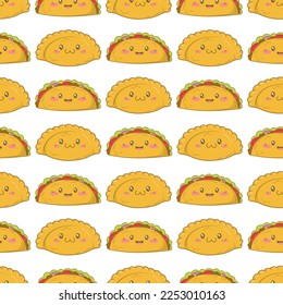 Seamless pattern with Mexican patty Empanadas and tacos with funny faces in doodle cartoon style isolated on white background