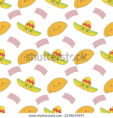 Seamless pattern with Mexican patty Empanadas with funny faces in doodle cartoon style isolated on white background