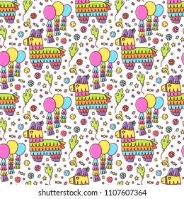 Seamless pattern with Mexican Pinata donkey - paper toy and with other decorations for a holiday, on a white background. It can be used for packaging, wrapping paper, textile and etc.