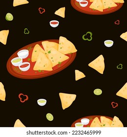 Seamless pattern with Mexican Quesadilla in plate with sauces on black background with pieces of pepper and lime. Vector endless background with national latin american cuisine for culinary design