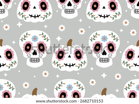Seamless pattern with Mexican skull and pumpkin. Calavera skulls, Sugar skulls for Mexican Day of the Dead, Day of the dead illustration with traditional Mexican skulls decoration. Background