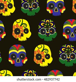 Seamless pattern with mexican skulls for Day of the Dead (Dia de los Muertos) celebration, vector illustration