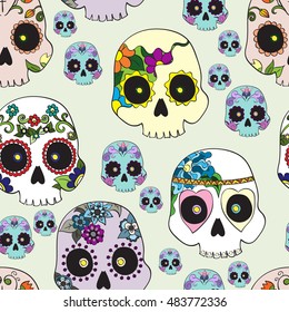 Seamless pattern with mexican skulls for Day of the Dead celebration, vector illustration