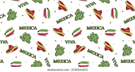 Nahtloses Muster mit mexikanischem Sombrero, Kaktus und Flagge einzeln auf weißem Hintergrund. Tapete und Bettwäsche. Design für T-Shirt- und Stoffdruck mit Kakteen und Mexiko-Hut. Vektorkunst.