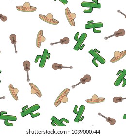 seamless pattern Mexican sombrero hat and cactus on white background wallpaper textile vector giftwrap