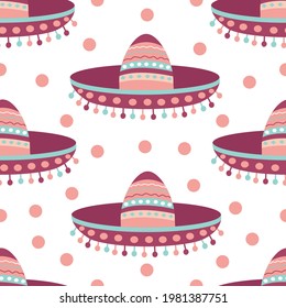 Seamless pattern with Mexican sombrero hat on a white background. Festive design and fiesta. Decoration with ethnic ornament. Vector illustration for fabric, texture, wallpaper, posters, postcards.