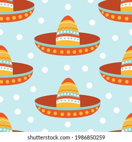 Patrón sin foco con sombrero mexicano de sombrero mexicano de fondo azul. Diseño festivo y fiesta. Decoración con adornos étnicos. Ilustración vectorial para tela, textura, papel pintado, carteles, postales.