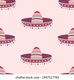 Patrón sin foco con sombrero mexicano de sombrero mexicano de fondo rosado. Diseño festivo y fiesta. Decoración con adornos étnicos. Ilustración vectorial para tela, textura, papel pintado, carteles, postales.