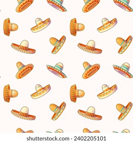 Seamless pattern with Mexican sombrero hats on a white background.