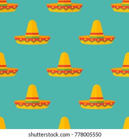 Seamless pattern with mexican sombrero hats on teal background. Vector texture.