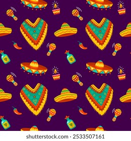 Seamless pattern with mexican sombrerocas, tequila  and chilli pepper. Dia de muertos