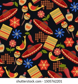 Seamless pattern in mexican style, sombrero, red pepper, flowers, dark background, flat style, design for textile, wallpaper, vector illustration