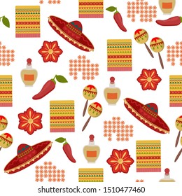 Seamless pattern in mexican style, sombrero, red pepper, folk art, white background, flat style, vector illustration