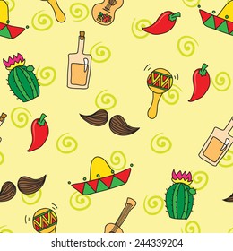 Seamless pattern in Mexican style with sombrero, guitar, chili, cactus, mustache, tequila and maracas  