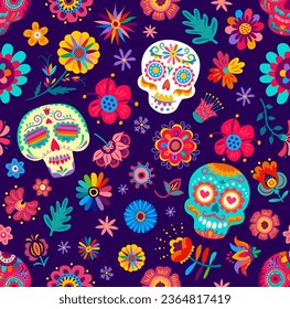 Patrón sin foco, calavera de azúcar mexicana y flores tropicales, fondo vectorial. Día de Los Muertos o Día de Muertos en México patrón de fiestas con calavera pintado en ornamento étnico floral