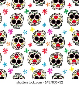 Seamless pattern with mexican sugar skulls. Design element for poster, card, flyer, banner. Vector illustration