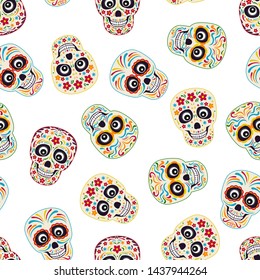 Seamless pattern with mexican sugar skulls on a white background. Bright color vector illustration  in cartoon flat style. Day of the death.