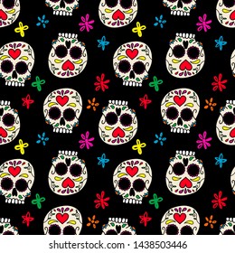 Seamless pattern with mexican sugar skulls. Design element for poster, card, flyer, banner. Vector illustration