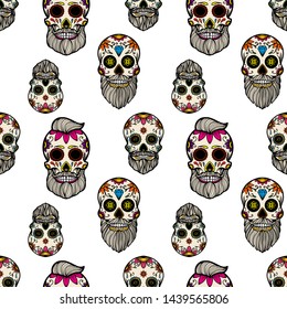 Seamless pattern with mexican sugar skulls. Design element for poster, card, flyer, banner. Vector illustration