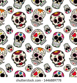 Seamless pattern with mexican sugar skulls. Design element for poster, card, flyer, banner. Vector illustration