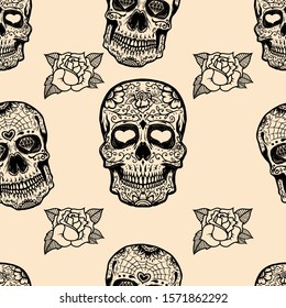 Seamless pattern with mexican sugar skulls and roses. Design element for poster, card, banner, clothes decoration. Vector illustration
