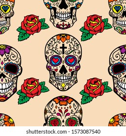 Seamless pattern with mexican sugar skulls and roses. Design element for poster, card, banner, clothes decoration. Vector illustration