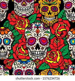 Seamless pattern with mexican sugar skulls and roses. Design element for poster, card, banner, clothes decoration. Vector illustration