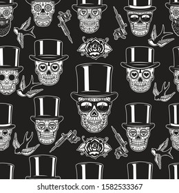 Seamless pattern with mexican sugar skulls, tattoo machines and roses. Design element for poster, card, banner, clothes decoration. Vector illustration