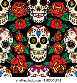 Seamless pattern with mexican sugar skulls and roses. Design element for poster, card, banner, clothes decoration. Vector illustration
