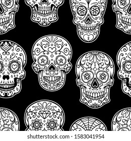 Seamless pattern with mexican sugar skulls and roses. Design element for poster, card, banner, clothes decoration. Vector illustration