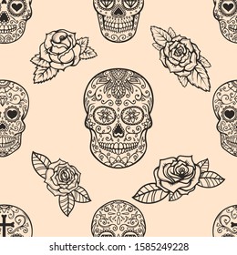 Seamless pattern with mexican sugar skulls and roses. Design element for poster, card, banner, clothes decoration. Vector illustration