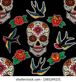 Seamless pattern with mexican sugar skulls, roses and swallows. Design element for poster, card, banner, clothes decoration. Vector illustration